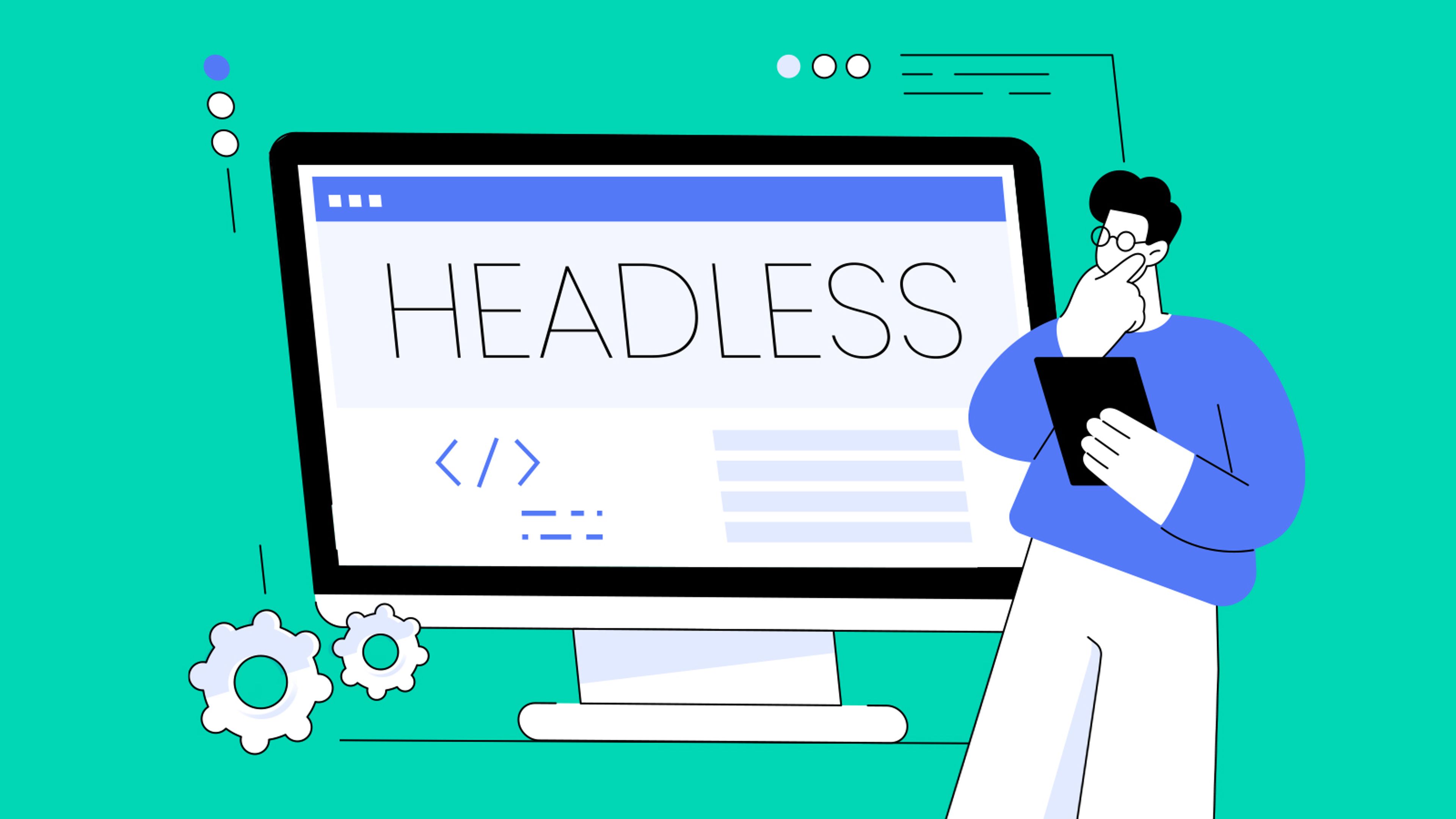 Graphic vector image of an man studying a computer screen with the word "headless" on it