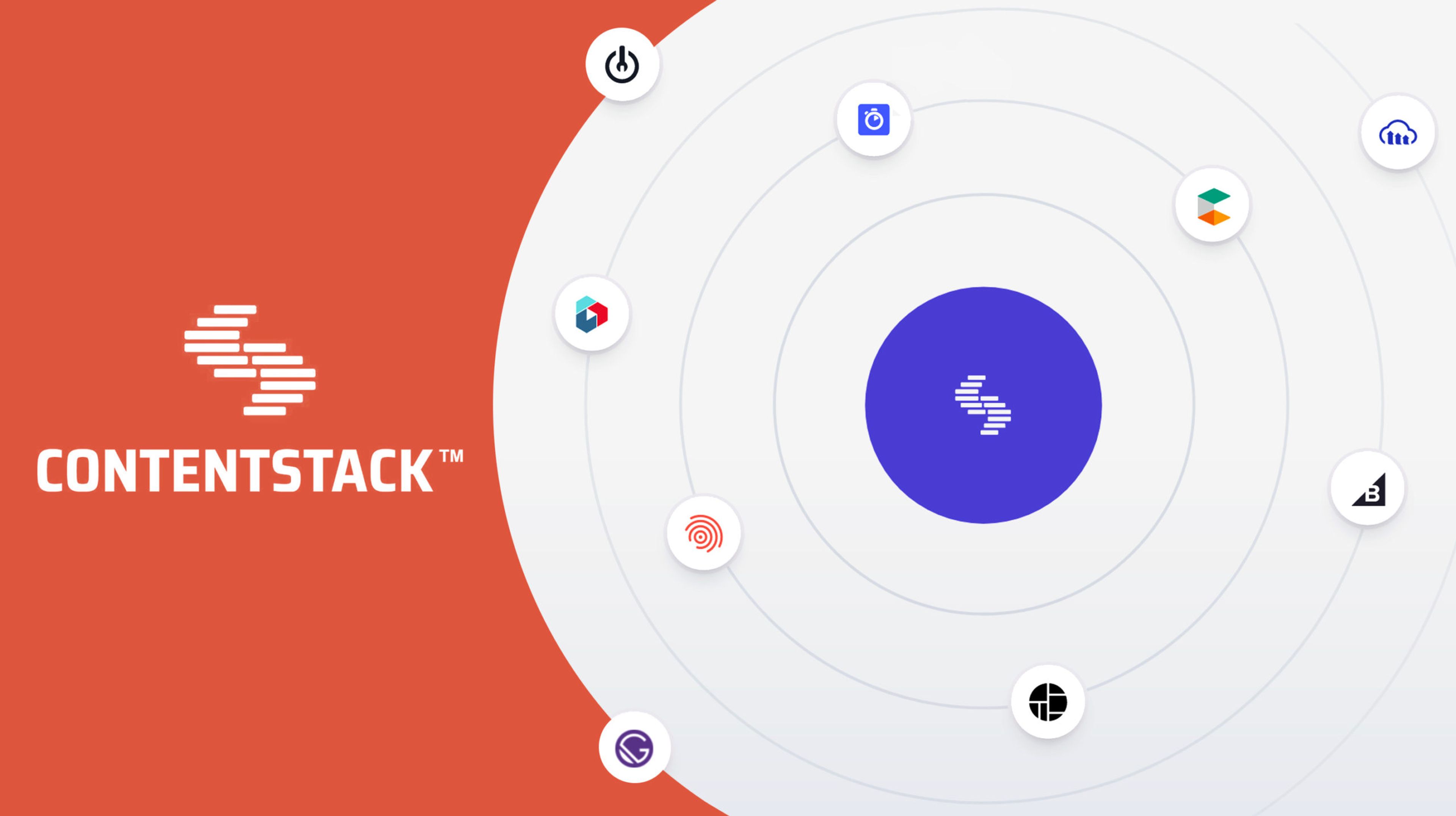 Image of Contentstack logo with orbs floating with various integration partner logo icons