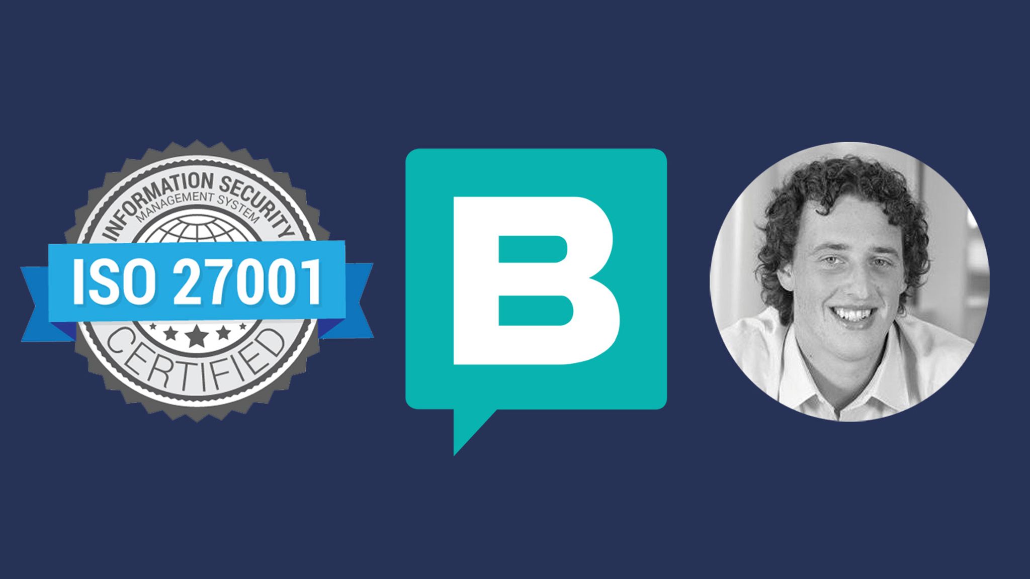 Storyblock featured image of ISO 27001 logo with Storyblok logo icon and headshot of Sebastian Gierlinger