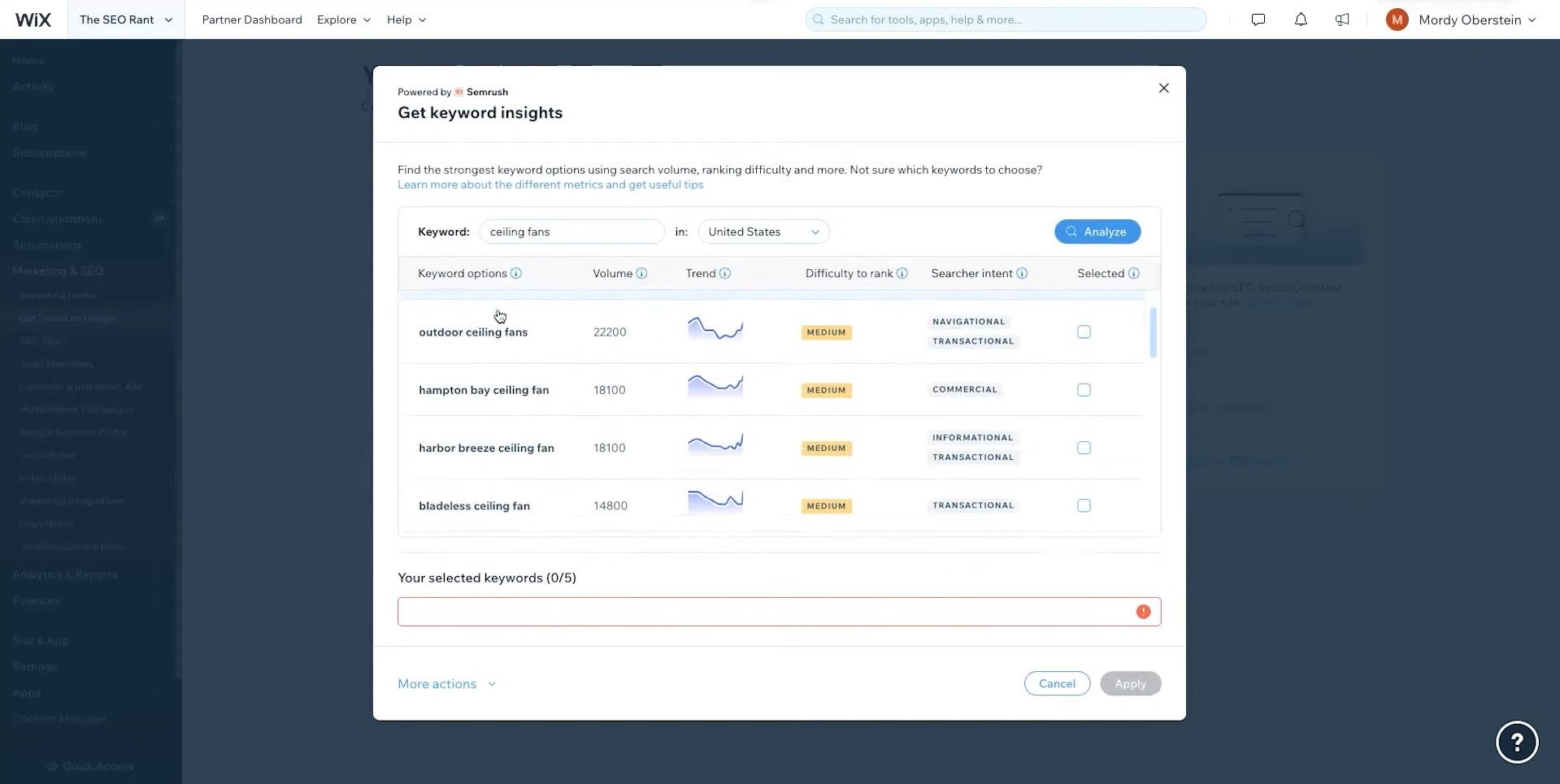 Wix EMRush SEO Tools dashboard